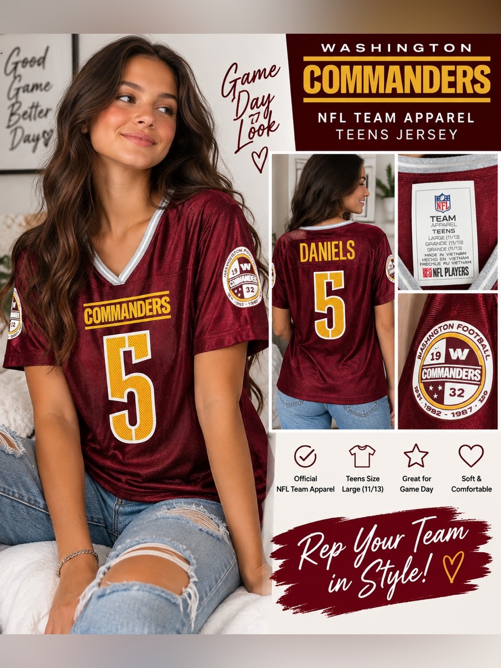 NFL Team Apparel Washington Commanders Jayden Daniels #5 Jersey Teens L Burgundy